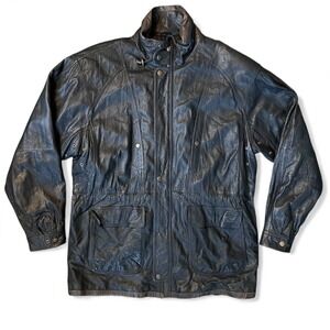 VTG Adler Genuine Leather Military Field Jacket Mens XL Black Zip Quilted Lined